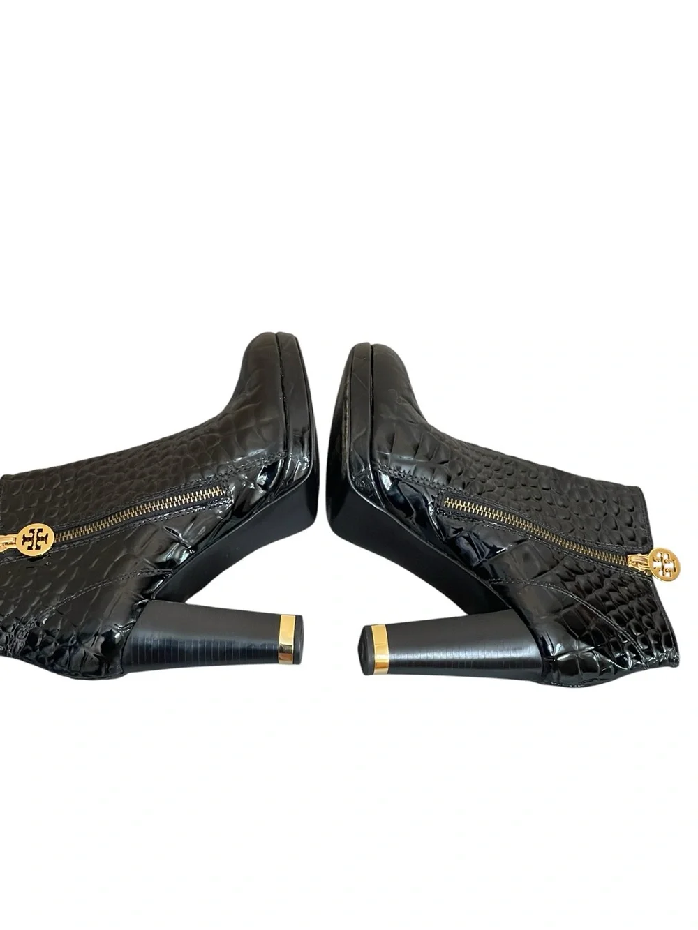 Tory Burch Leigh Black Croc-Embossed Patent Leather Ankle Boots Size 8M